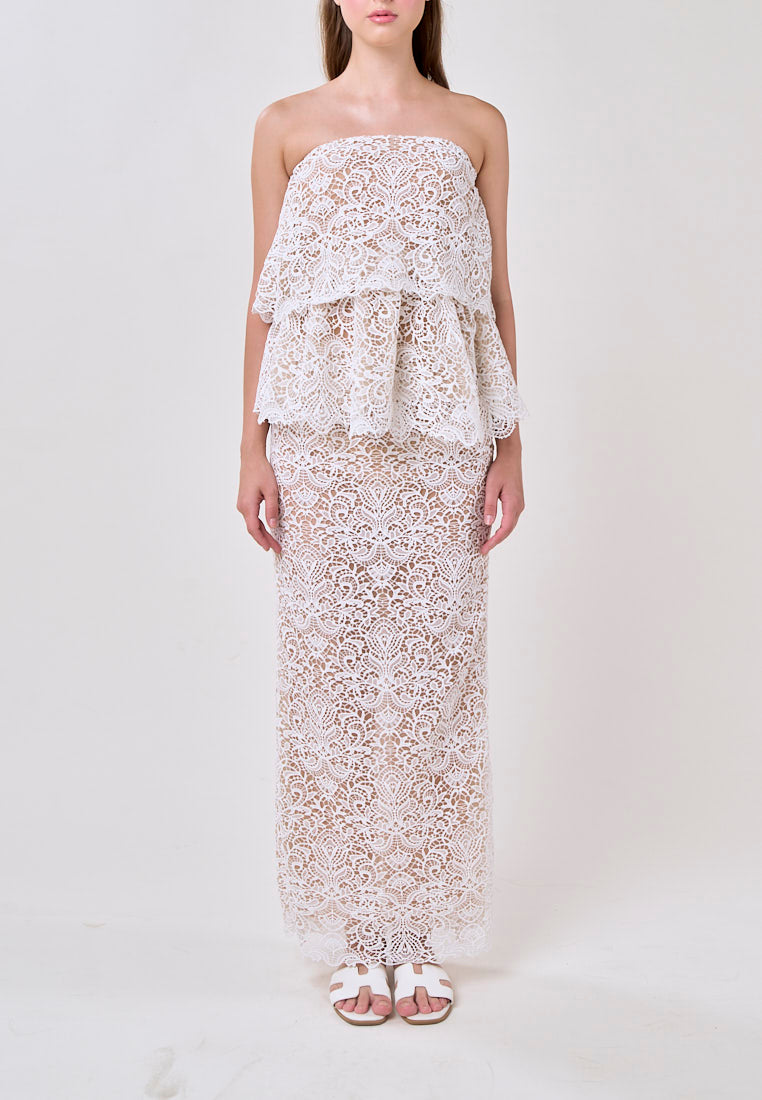 Ivey White Tube French Lace With Maxi Skirt Lace Set