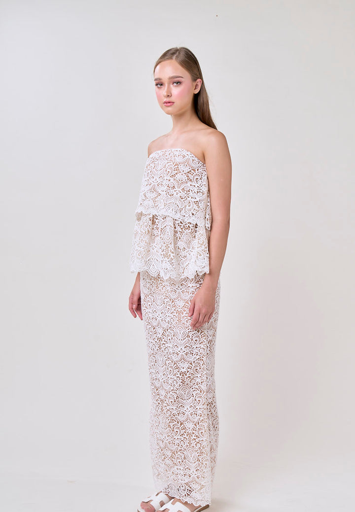 Ivey White Tube French Lace With Maxi Skirt Lace Set