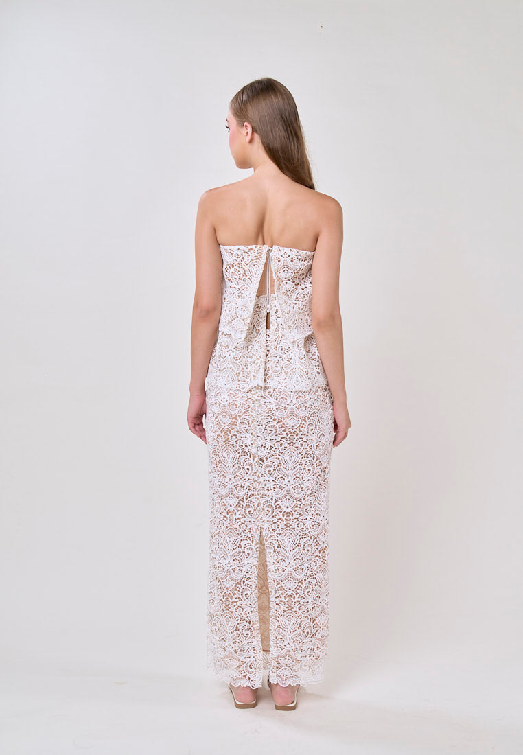 Ivey White Tube French Lace With Maxi Skirt Lace Set
