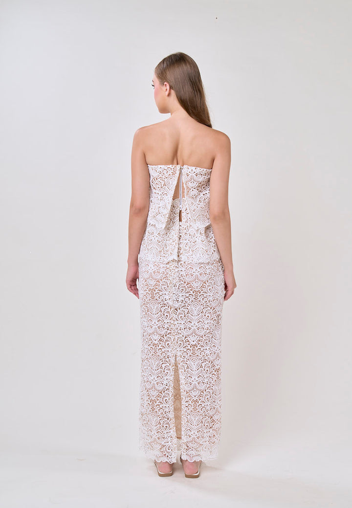 Ivey White Tube French Lace With Maxi Skirt Lace Set