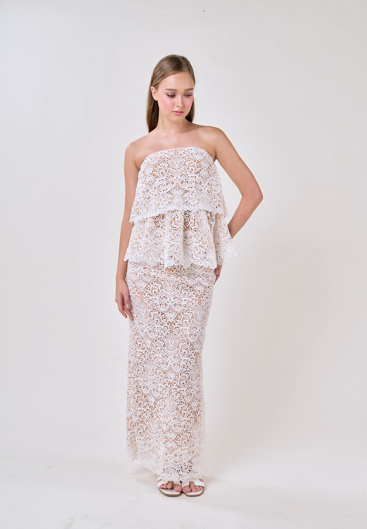 Ivey White Tube French Lace With Maxi Skirt Lace Set