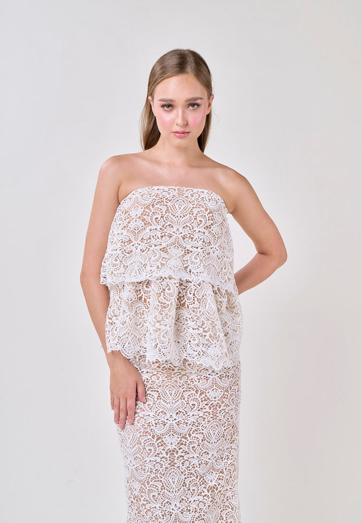 Ivey White Tube French Lace With Maxi Skirt Lace Set