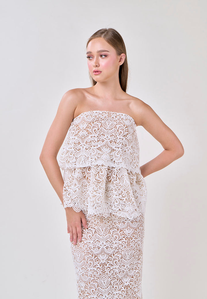 Ivey White Tube French Lace With Maxi Skirt Lace Set
