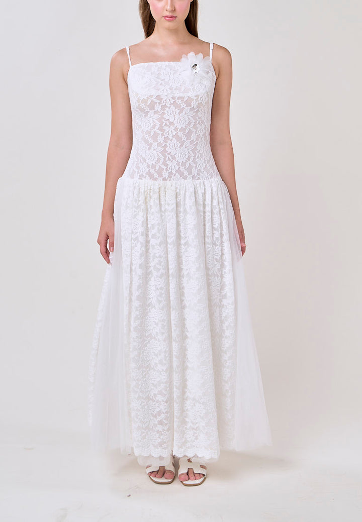 Emryn White Sleeveless Flower Lace  Maxi Dress