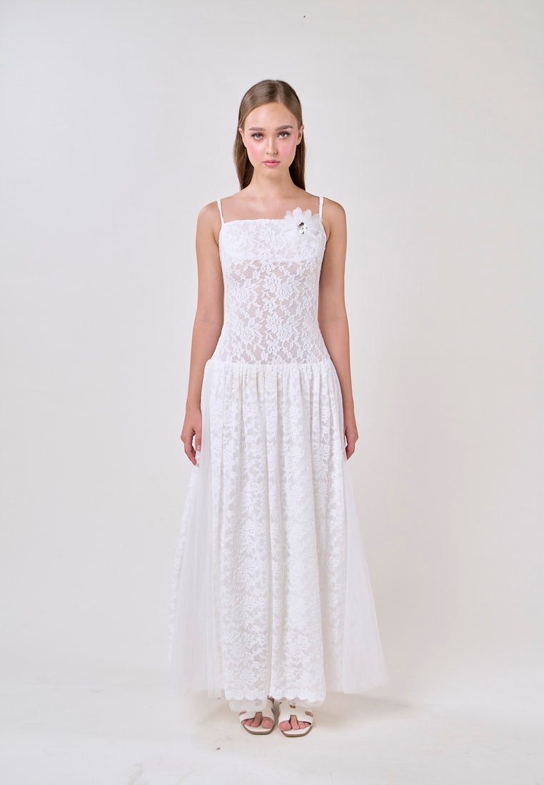 Emryn White Sleeveless Flower Lace  Maxi Dress
