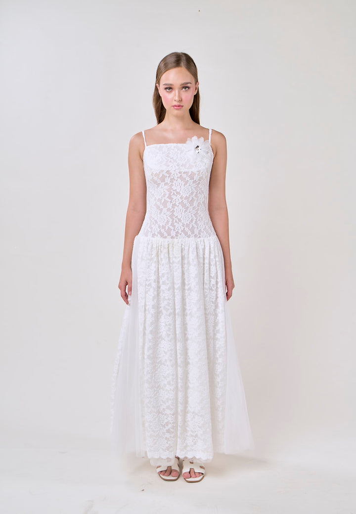 Emryn White Sleeveless Flower Lace  Maxi Dress
