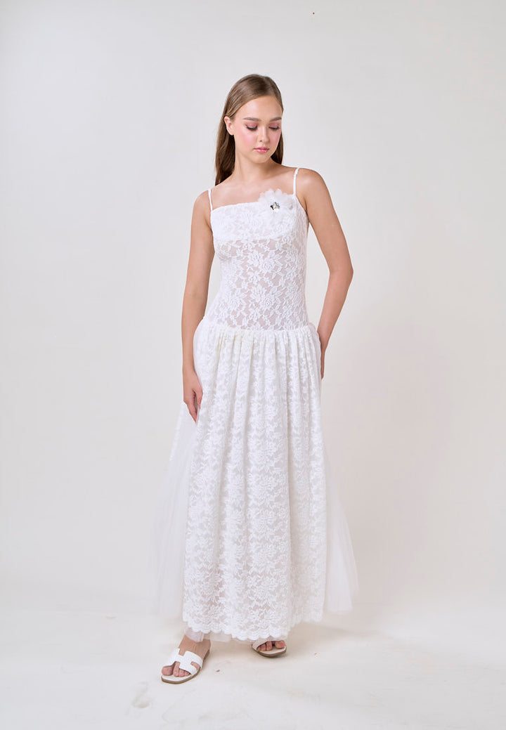 Emryn White Sleeveless Flower Lace  Maxi Dress
