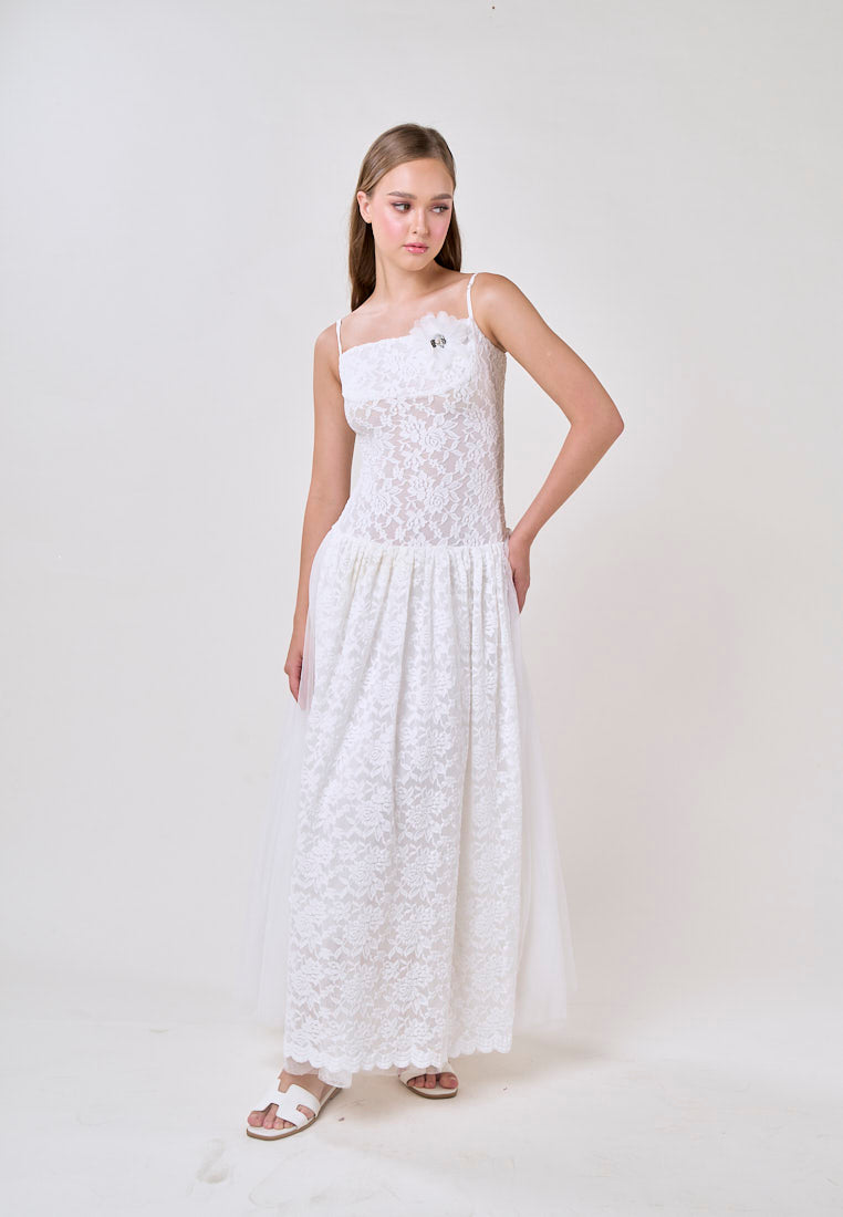 Emryn White Sleeveless Flower Lace  Maxi Dress