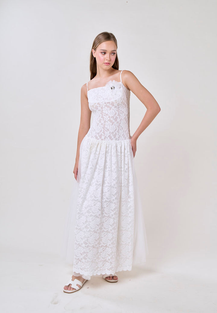 Emryn White Sleeveless Flower Lace  Maxi Dress