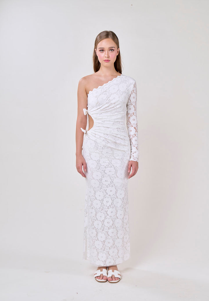 Journee White Asymmetrical Neckline Hallow Side Lace Maxi Dress