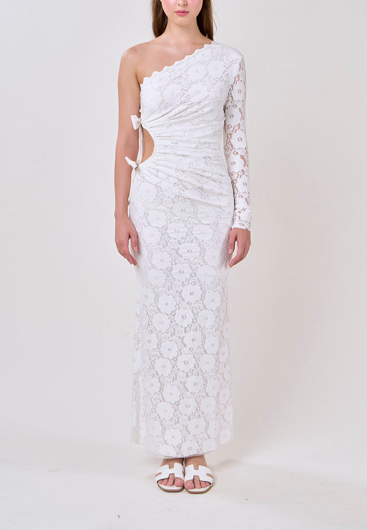 Journee White Asymmetrical Neckline Hallow Side Lace Maxi Dress