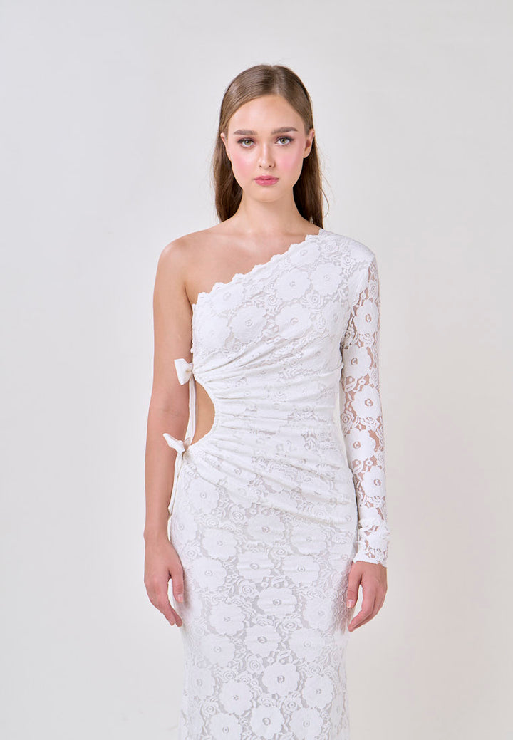 Journee White Asymmetrical Neckline Hallow Side Lace Maxi Dress