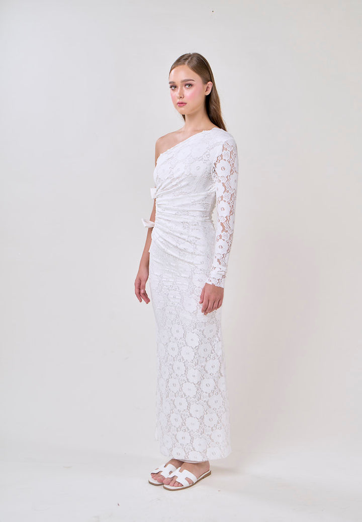 Journee White Asymmetrical Neckline Hallow Side Lace Maxi Dress