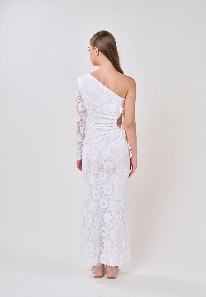 Journee White Asymmetrical Neckline Hallow Side Lace Maxi Dress