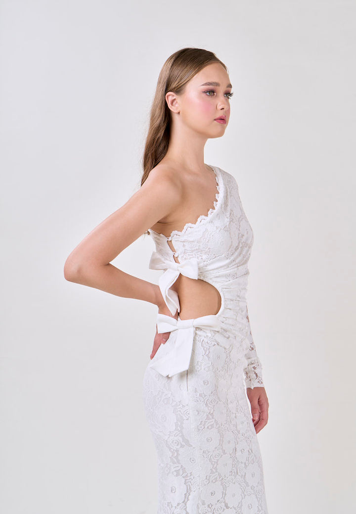 Journee White Asymmetrical Neckline Hallow Side Lace Maxi Dress