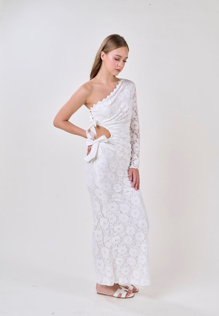 Journee White Asymmetrical Neckline Hallow Side Lace Maxi Dress