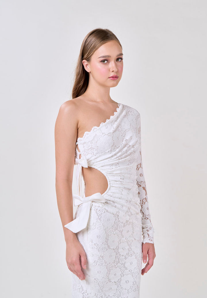 Journee White Asymmetrical Neckline Hallow Side Lace Maxi Dress