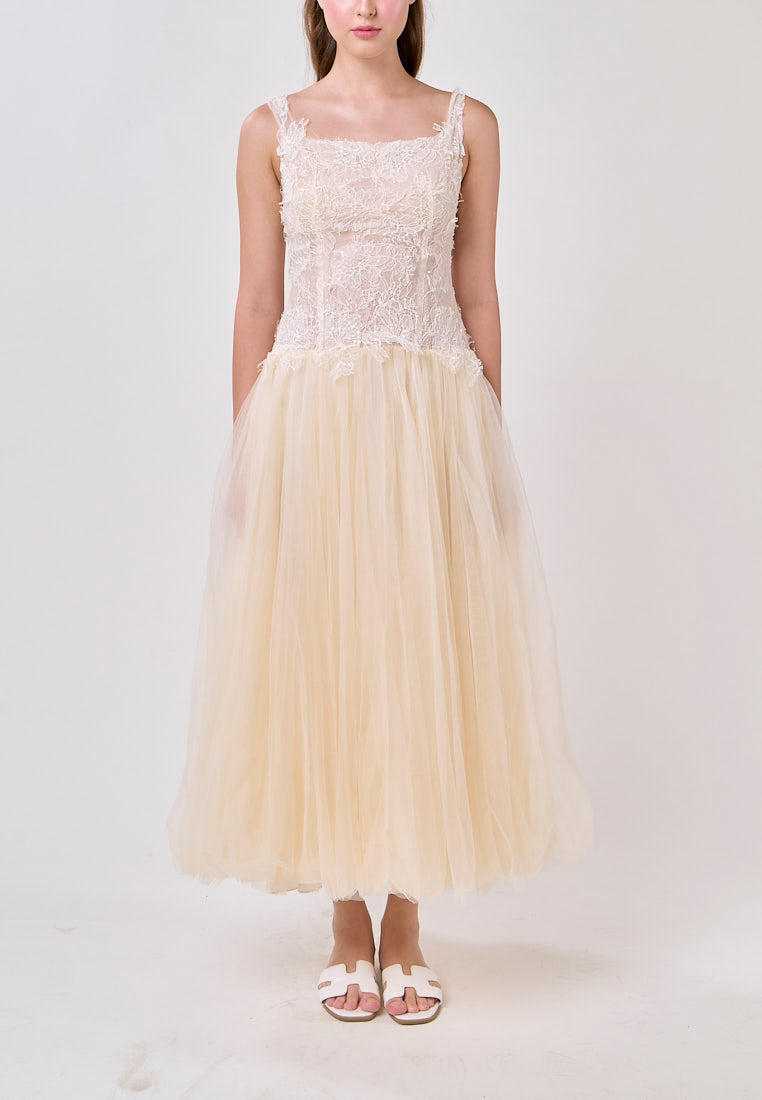 Malani Cream Sleeveles Lace Top Tulle Skirt Maxi Dress