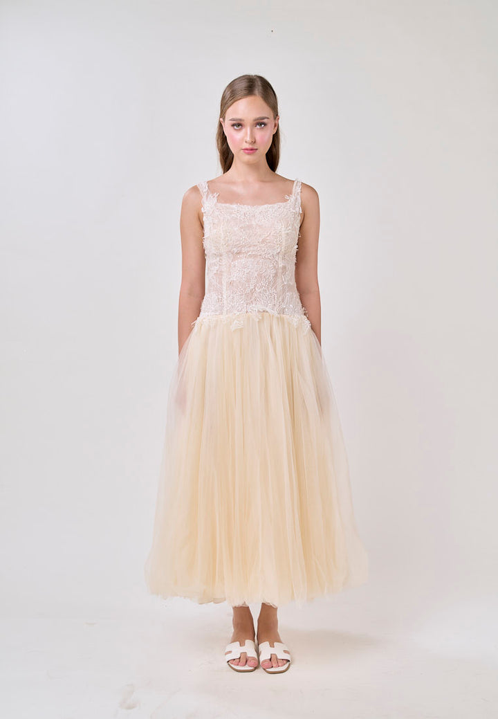 Malani Cream Sleeveles Lace Top Tulle Skirt Maxi Dress