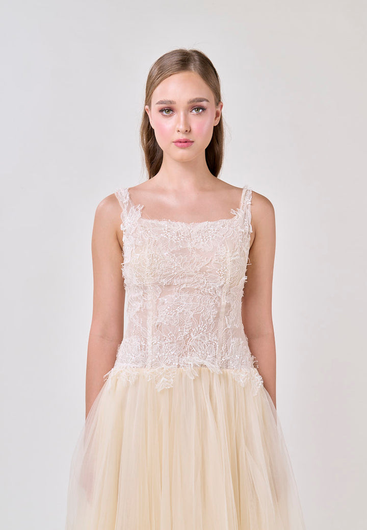 Malani Cream Sleeveles Lace Top Tulle Skirt Maxi Dress