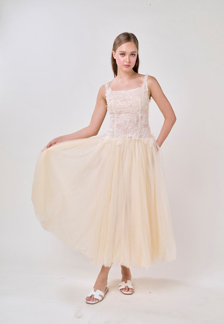 Malani Cream Sleeveles Lace Top Tulle Skirt Maxi Dress