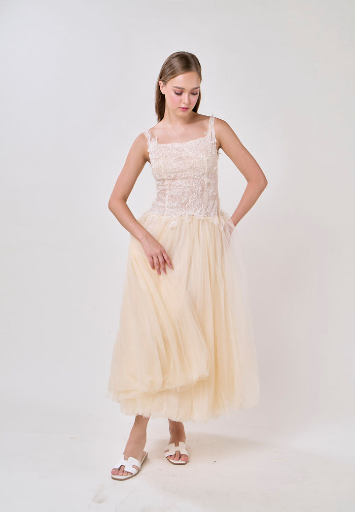 Malani Cream Sleeveles Lace Top Tulle Skirt Maxi Dress