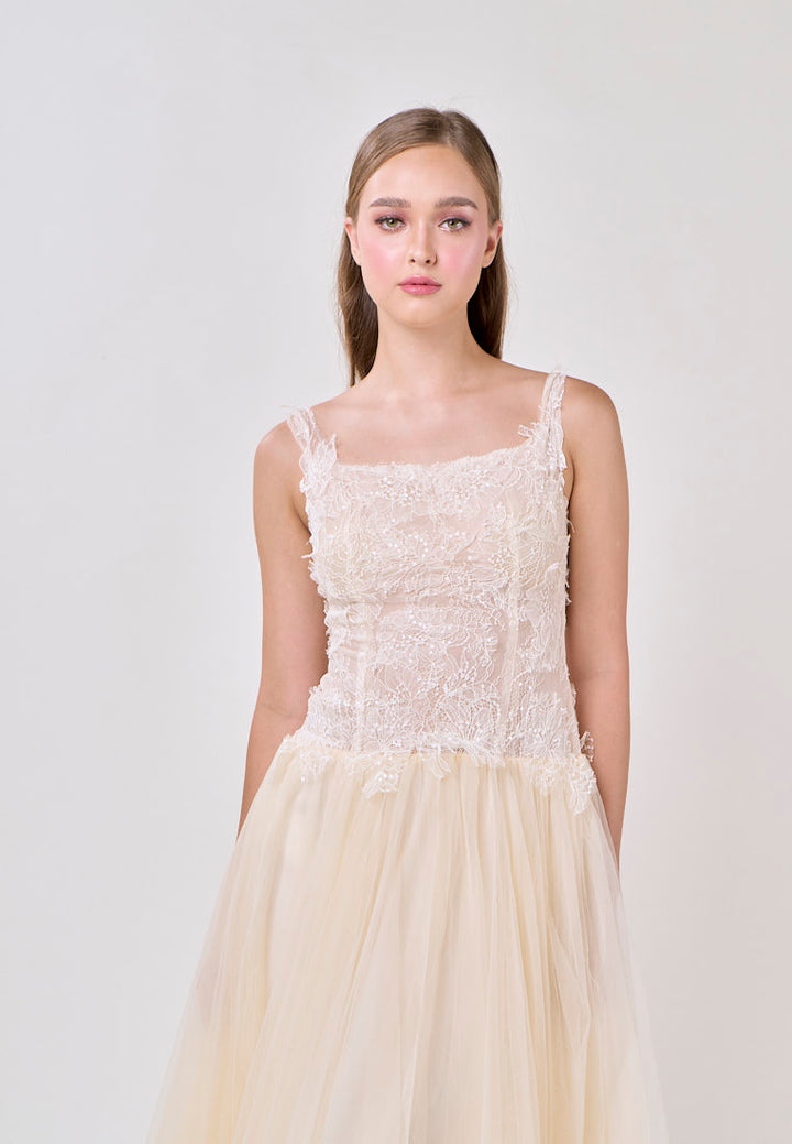Malani Cream Sleeveles Lace Top Tulle Skirt Maxi Dress