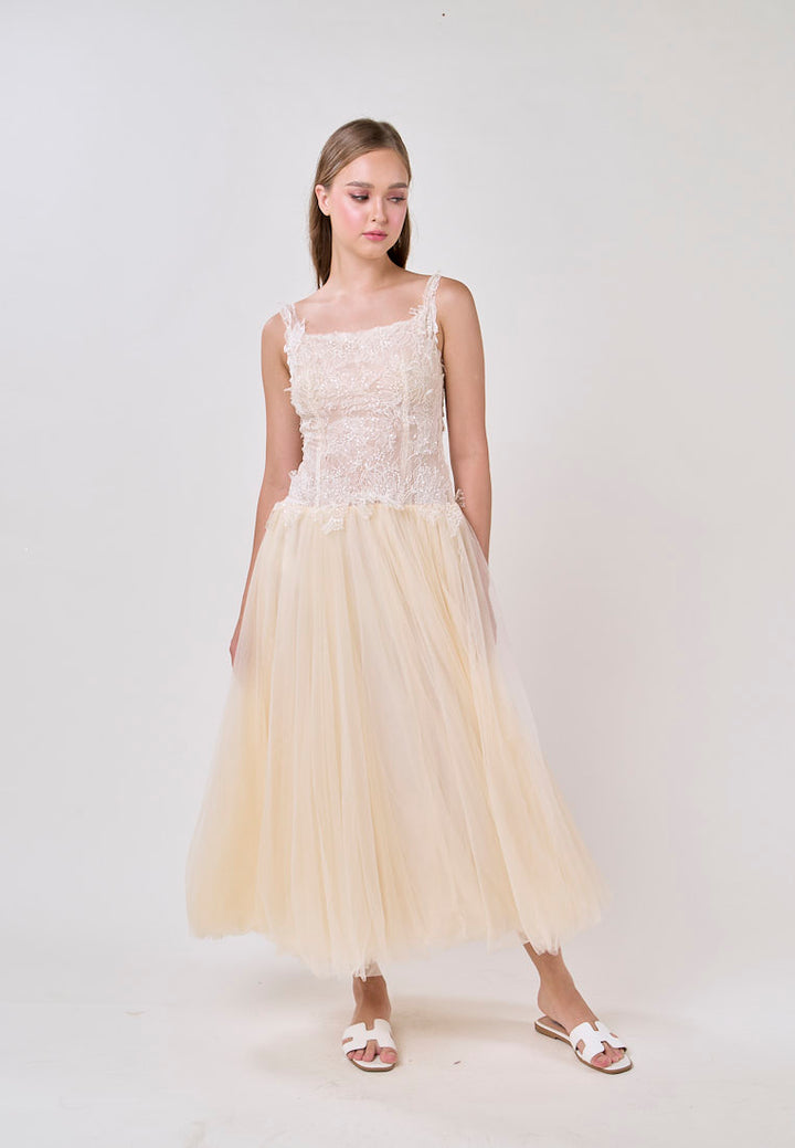 Malani Cream Sleeveles Lace Top Tulle Skirt Maxi Dress
