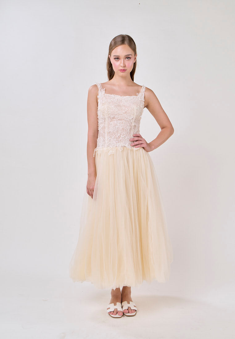 Malani Cream Sleeveles Lace Top Tulle Skirt Maxi Dress
