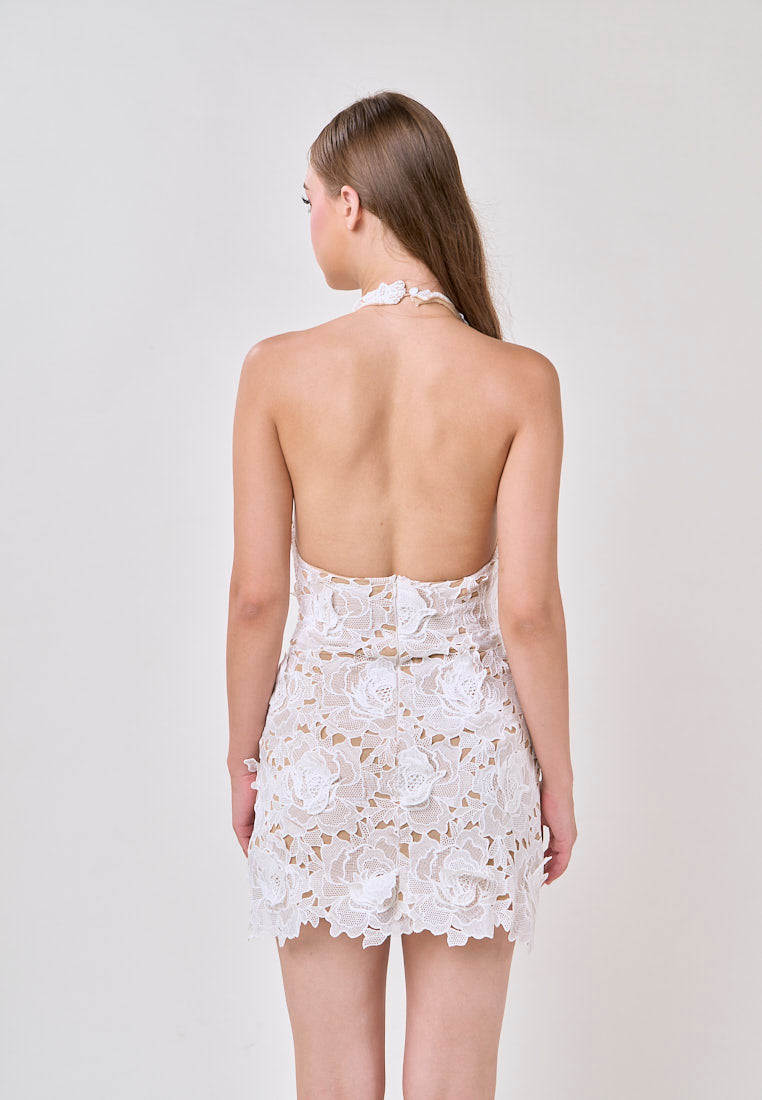 Aitana Beige Halter Flower Lace Mini Dress