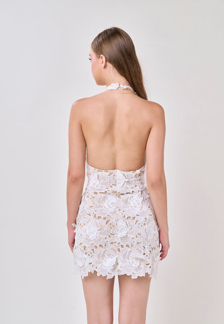 Aitana Beige Halter Flower Lace Mini Dress