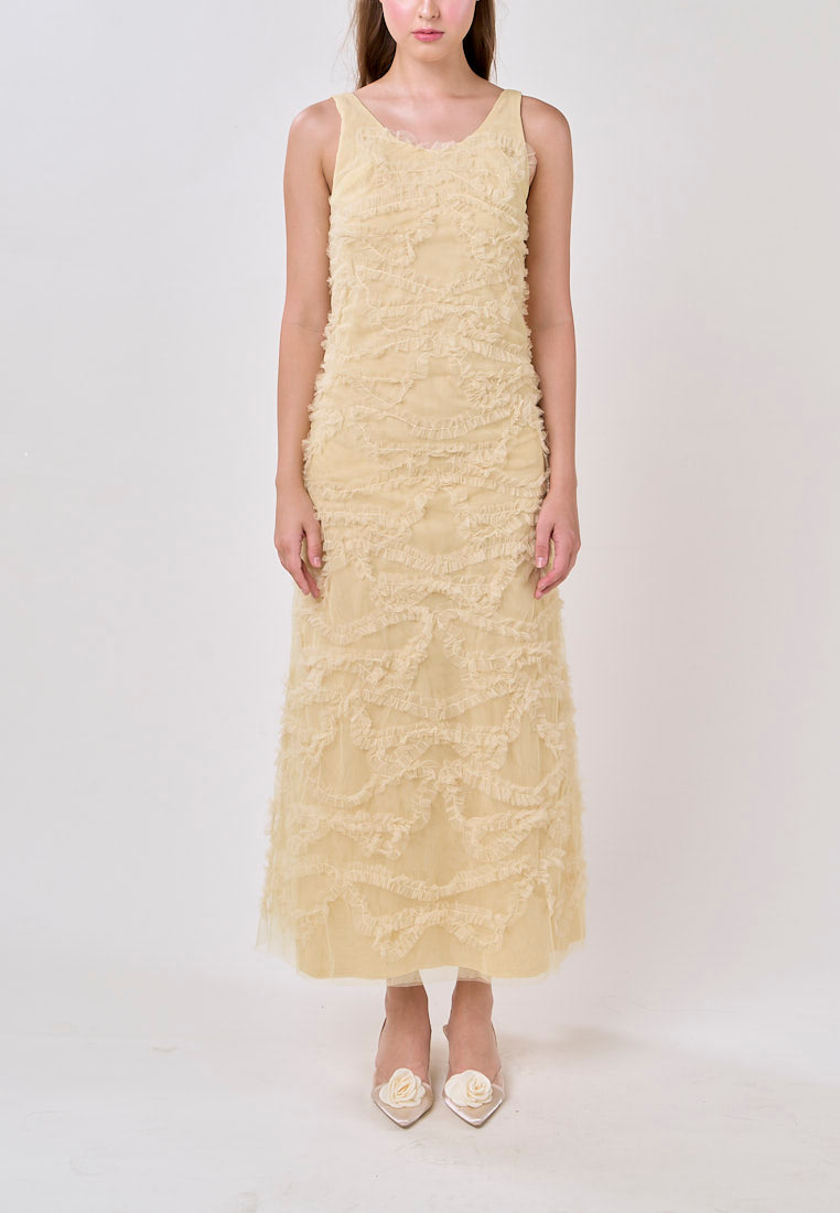 Nayeli Mustard Sleeveless Scoop Back Tulle Maxi Dress