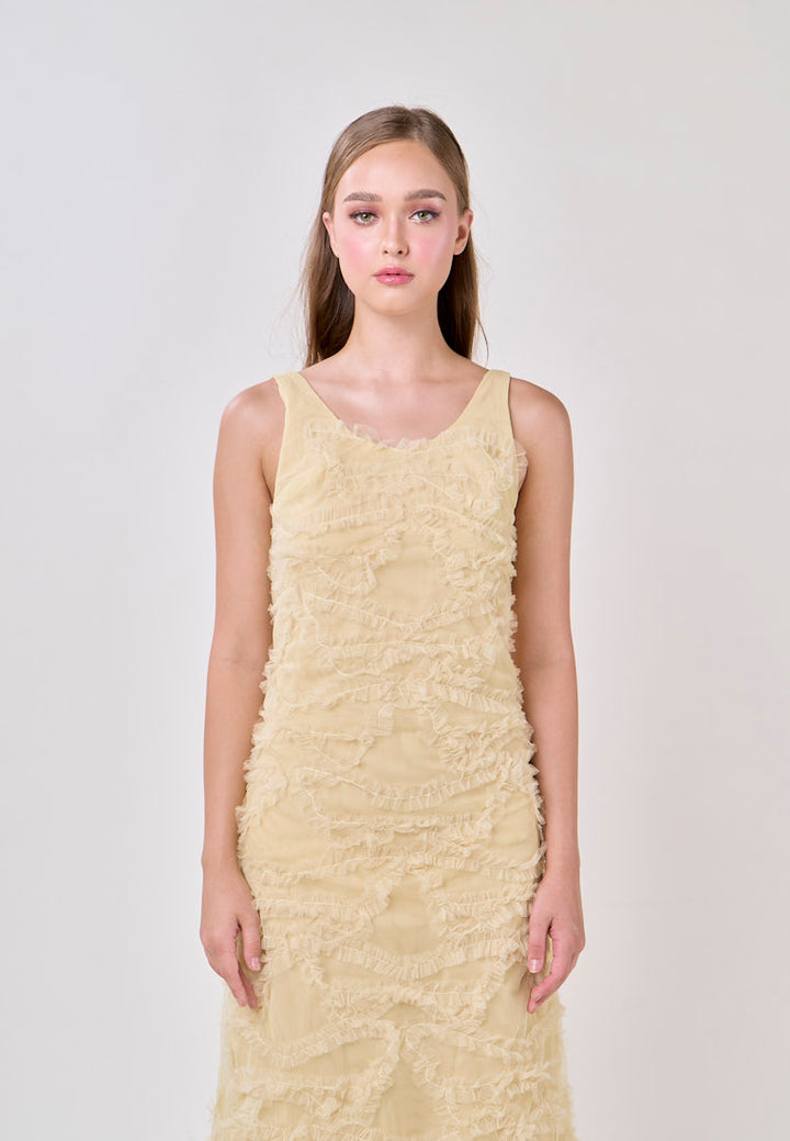 Nayeli Mustard Sleeveless Scoop Back Tulle Maxi Dress