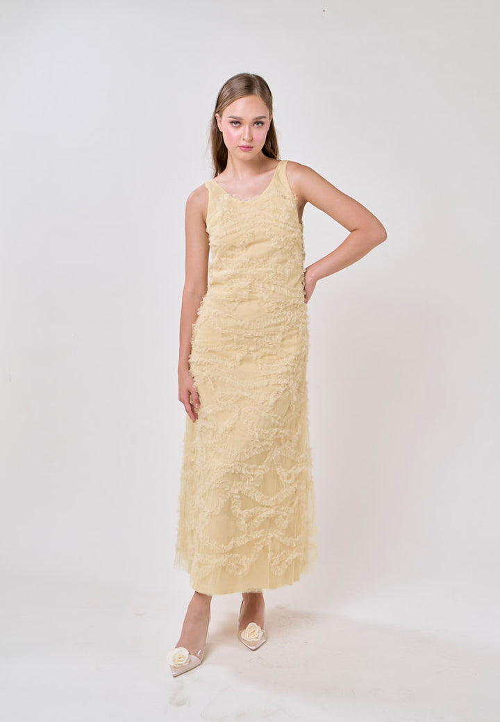 Nayeli Mustard Sleeveless Scoop Back Tulle Maxi Dress