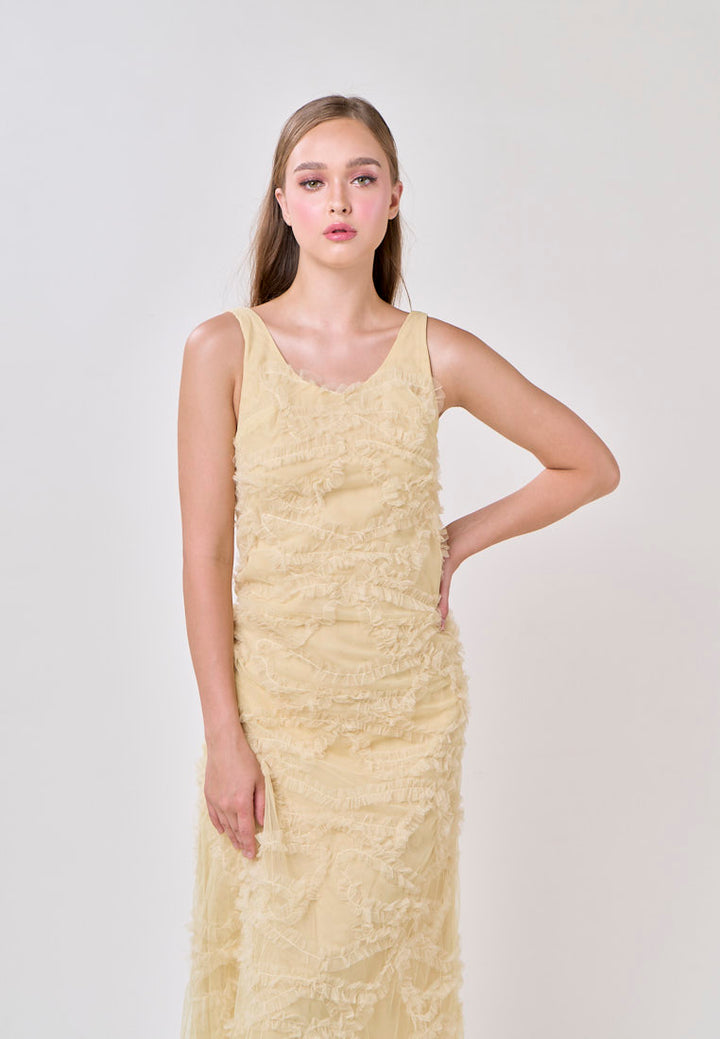 Nayeli Mustard Sleeveless Scoop Back Tulle Maxi Dress