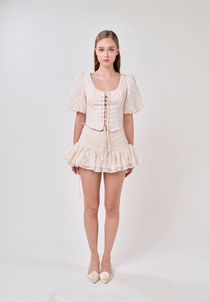 Leia Beige Lace Puff Sleeve Top With Sheer Pleated Mini Skirt Set