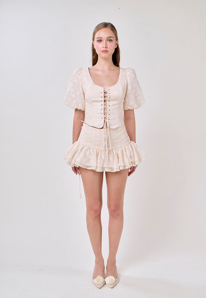 Leia Beige Lace Puff Sleeve Top With Sheer Pleated Mini Skirt Set