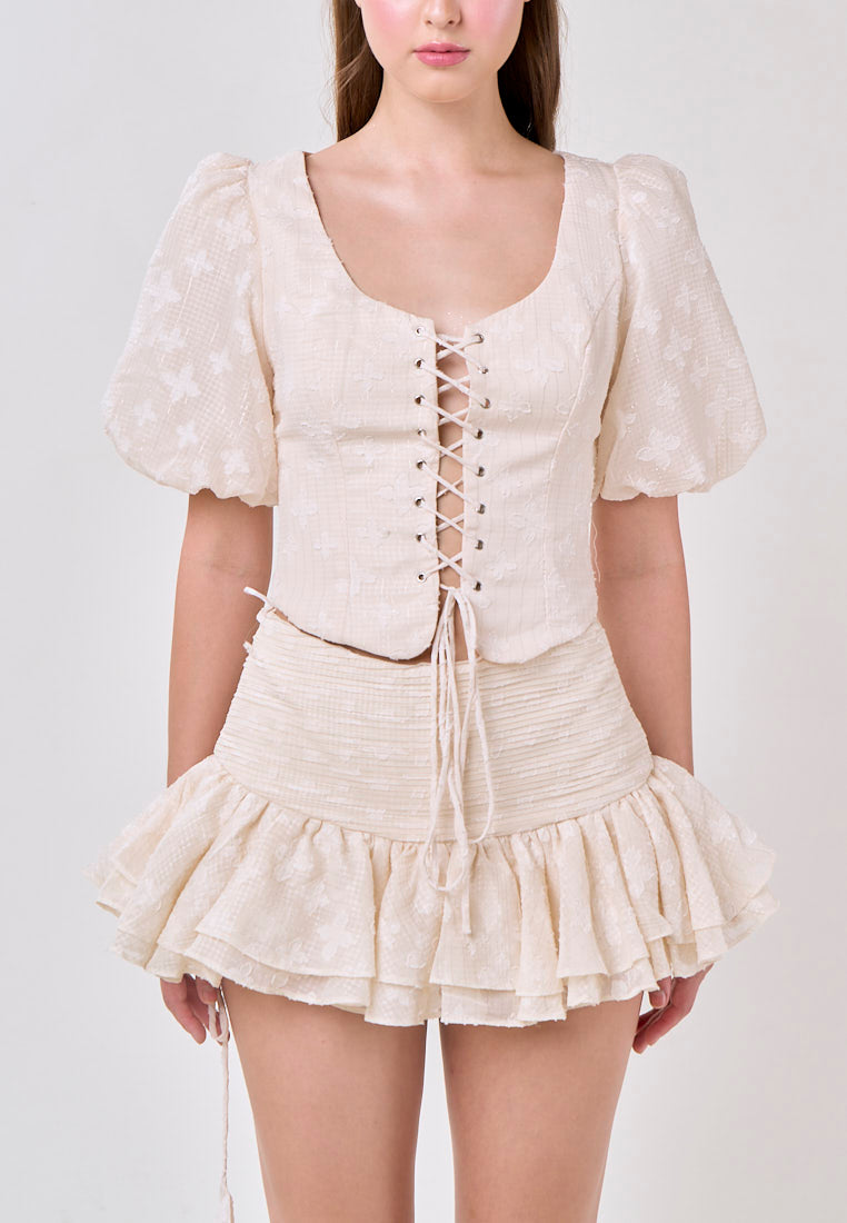 Leia Beige Lace Puff Sleeve Top With Sheer Pleated Mini Skirt Set