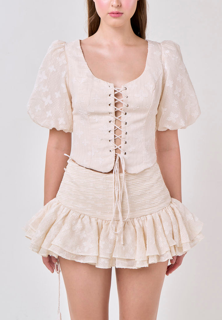 Leia Beige Lace Puff Sleeve Top With Sheer Pleated Mini Skirt Set