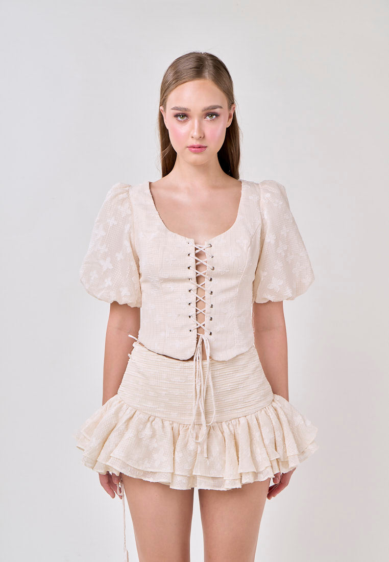 Leia Beige Lace Puff Sleeve Top With Sheer Pleated Mini Skirt Set