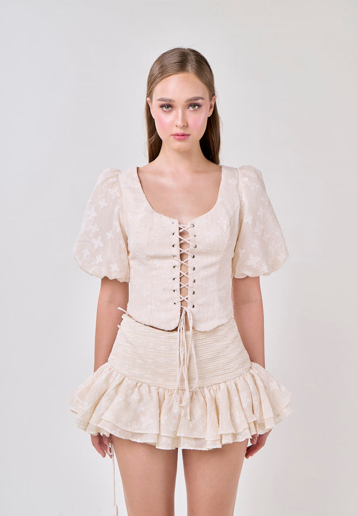 Leia Beige Lace Puff Sleeve Top With Sheer Pleated Mini Skirt Set