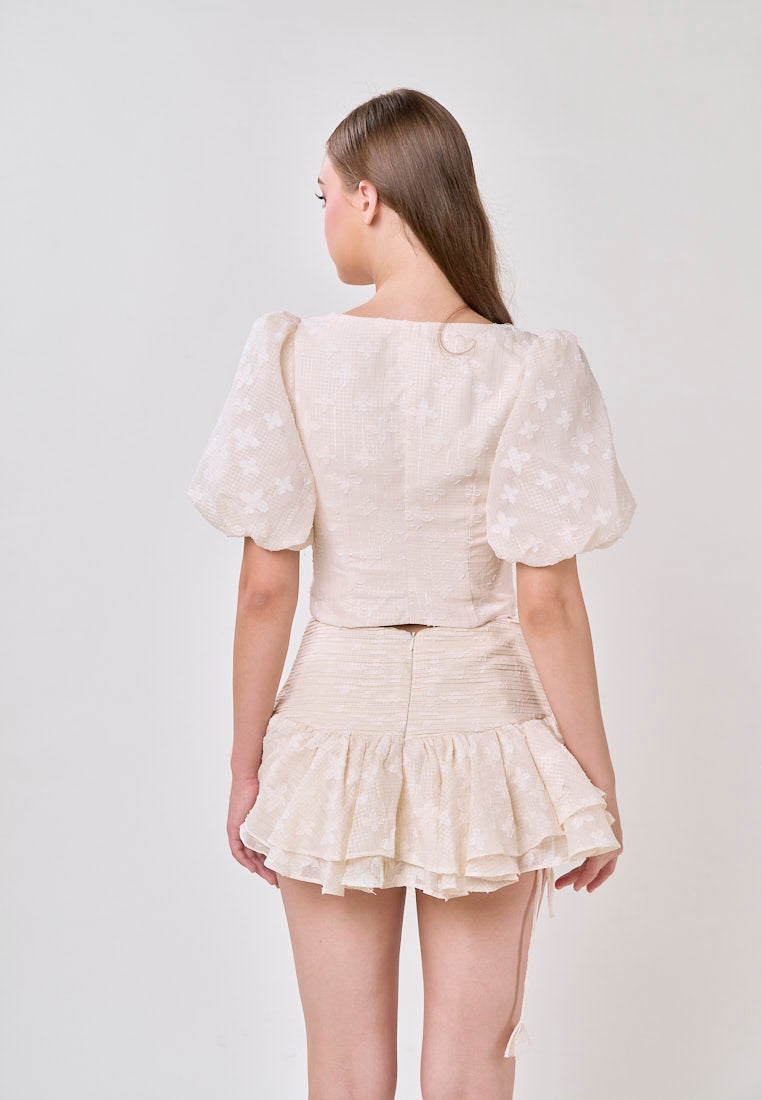 Leia Beige Lace Puff Sleeve Top With Sheer Pleated Mini Skirt Set