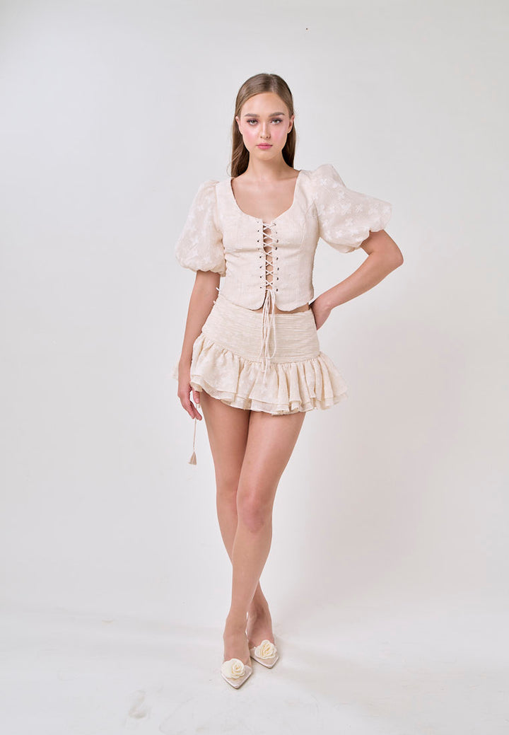 Leia Beige Lace Puff Sleeve Top With Sheer Pleated Mini Skirt Set