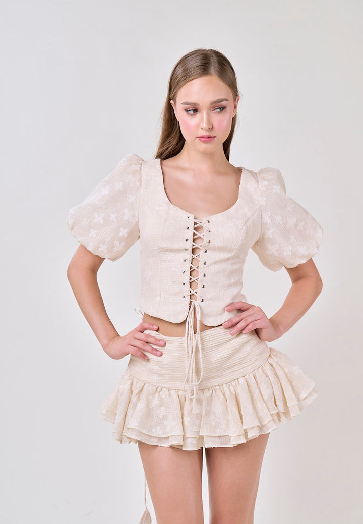 Leia Beige Lace Puff Sleeve Top With Sheer Pleated Mini Skirt Set