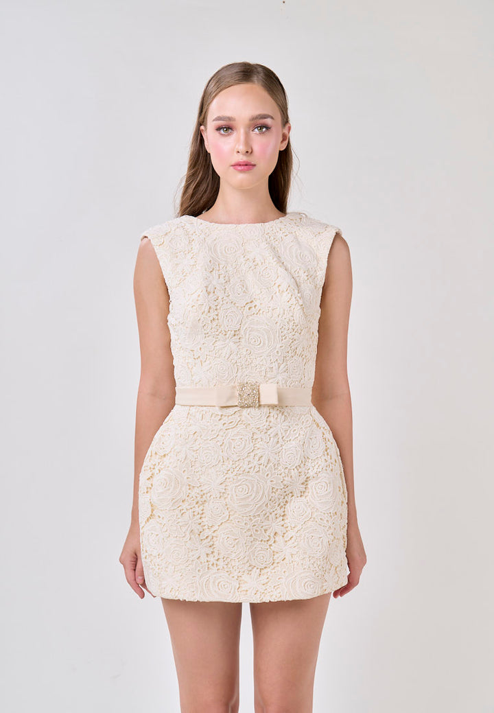 Andie Cream Sleeveless With Belt Charm Lace Mini Dress