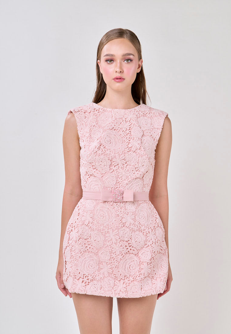 Andie Pink Sleeveless With Belt Charm Lace Mini Dress