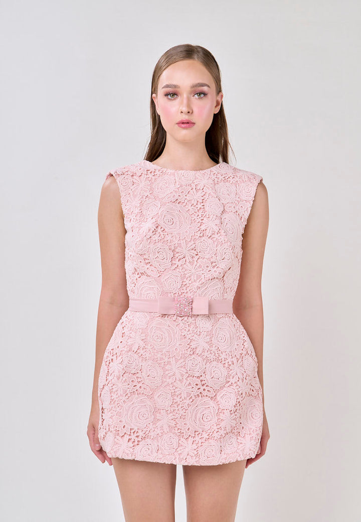 Andie Pink Sleeveless With Belt Charm Lace Mini Dress