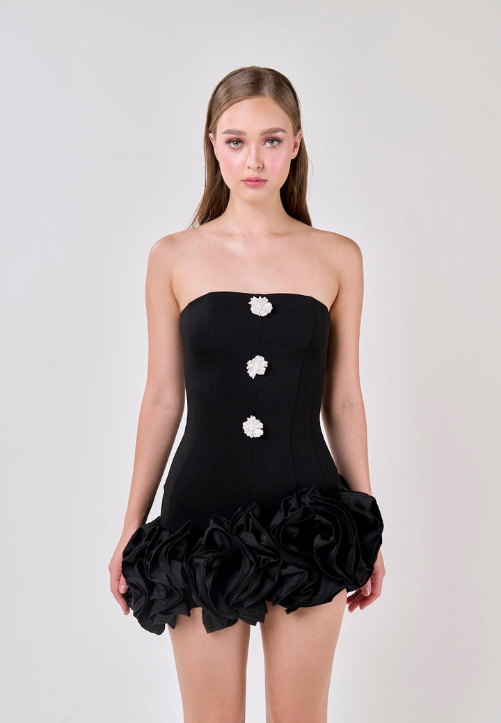 Palmer Black Satin Ruffled Skirt Mini Dress