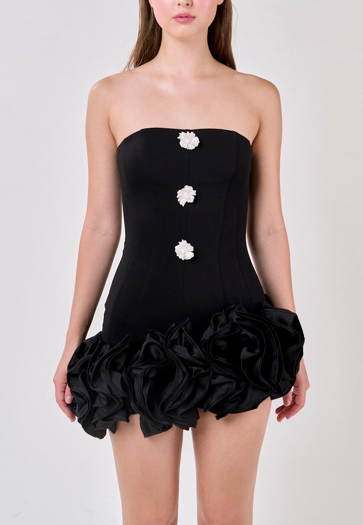 Palmer Black Satin Ruffled Skirt Mini Dress
