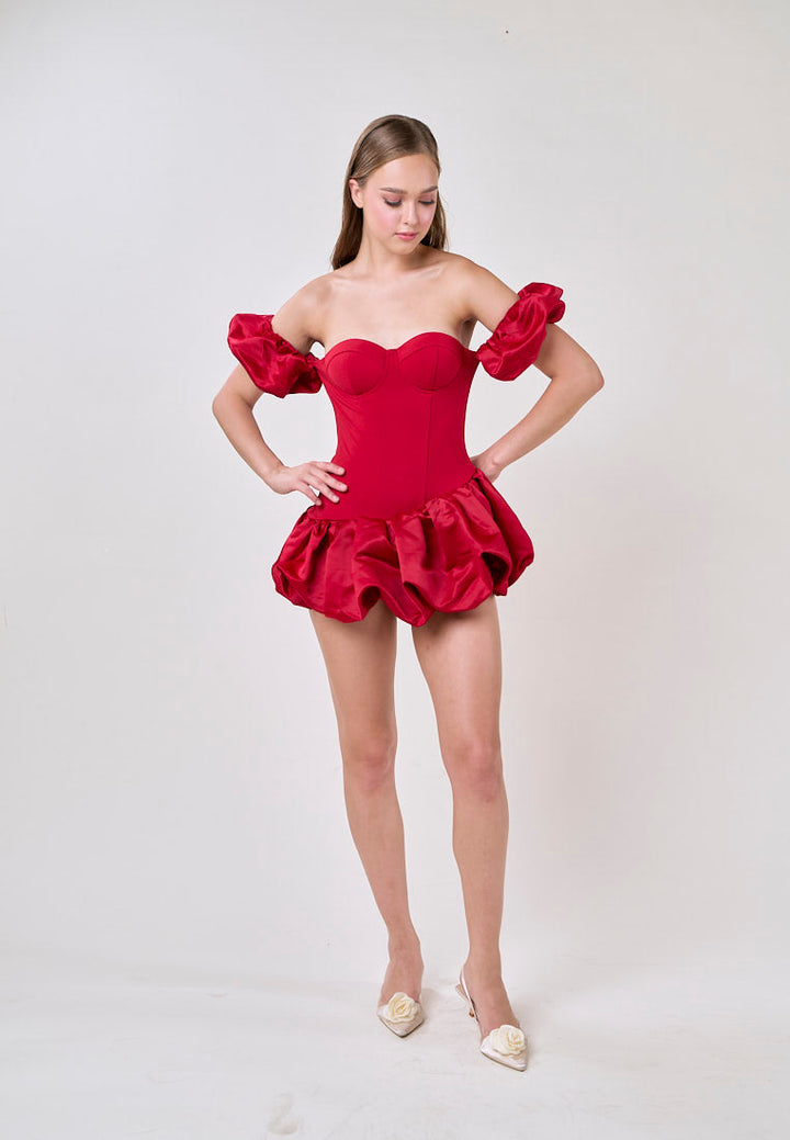 Phoenix Red Off Shoulder Ballon Skirt Mini Dress